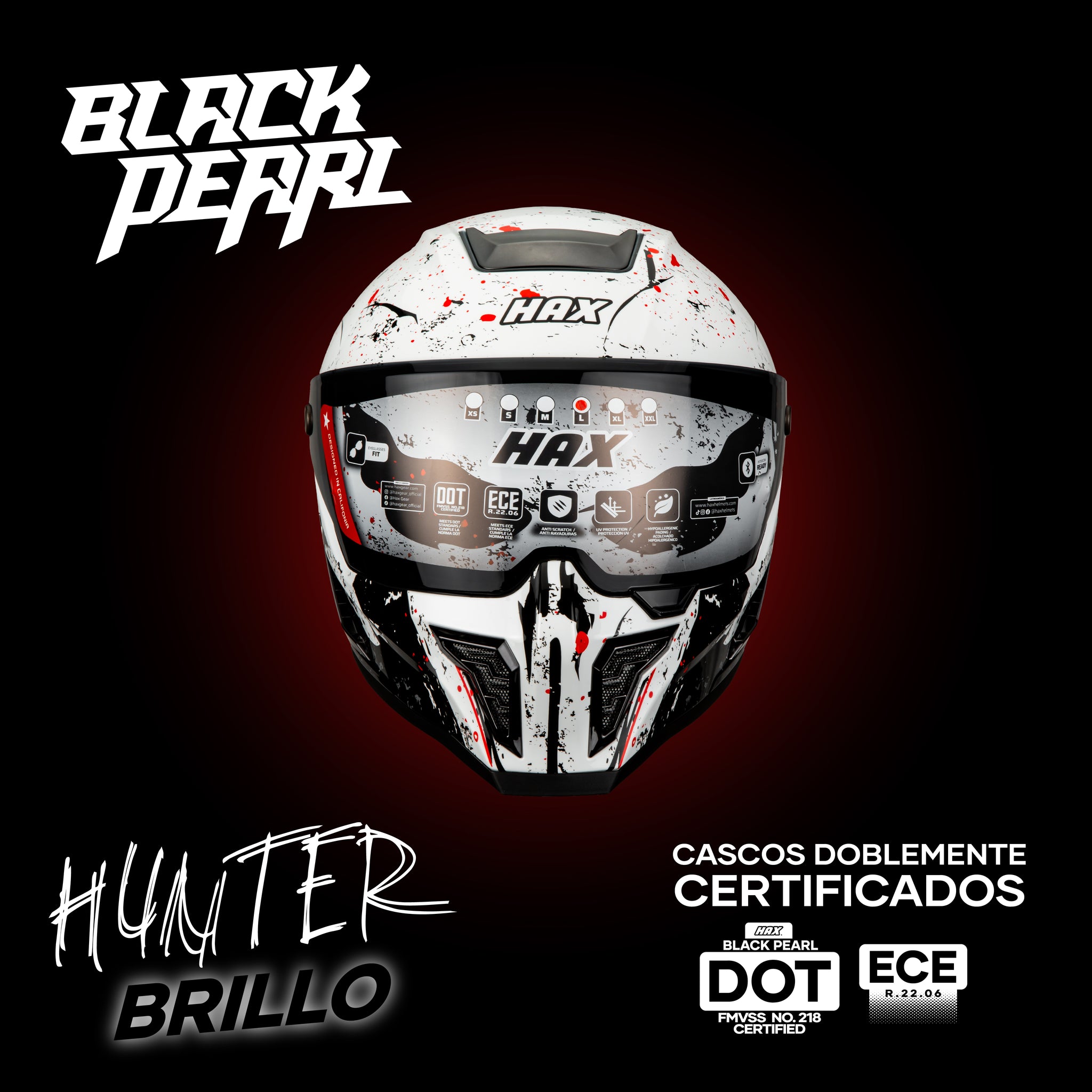 Casco Black Pearl Hunter Negro Blanco Brillo Dot Ece Sólido