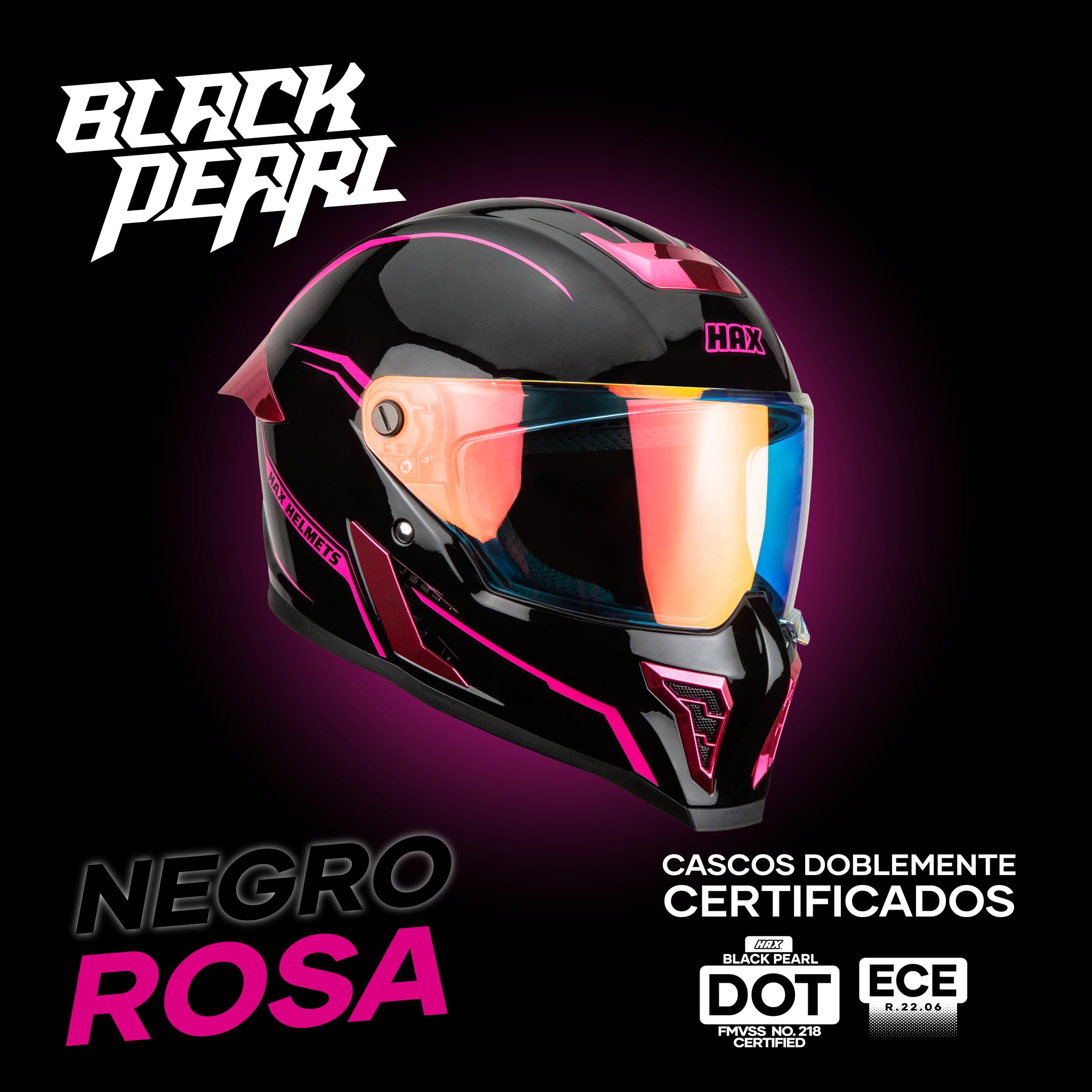 Casco Integral Hax Black Pearl Negro Rosa Con Brillo Dot Ece Sólido