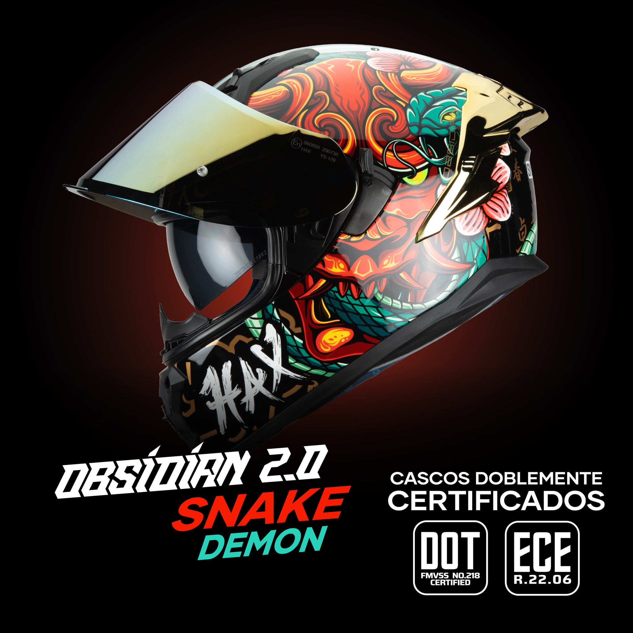 Casco Integral Obsidian Snake Demon Rojo Acabado Brillo