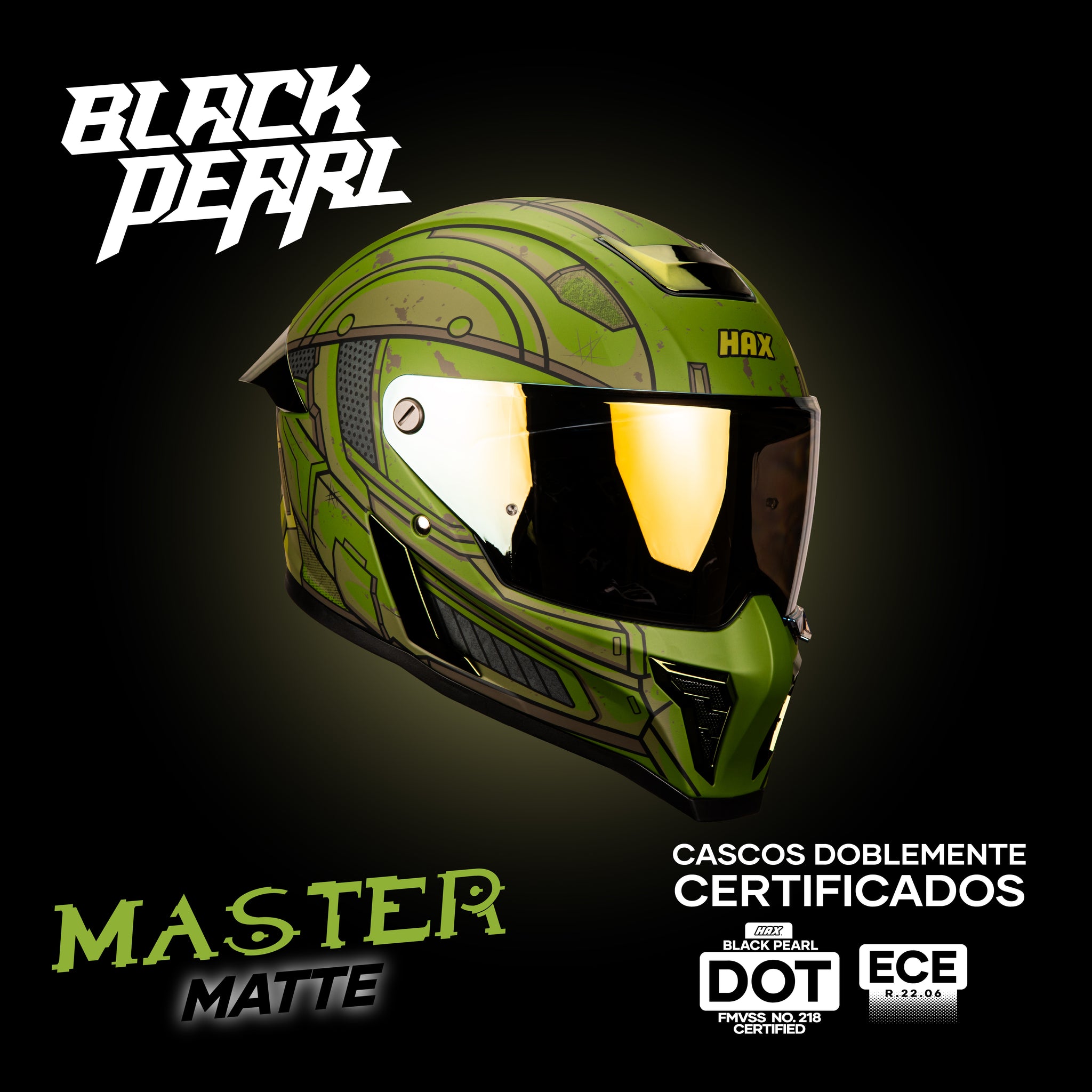 casco black pearl master verde matte con visor nightvision en composición promocional con logos de certificación