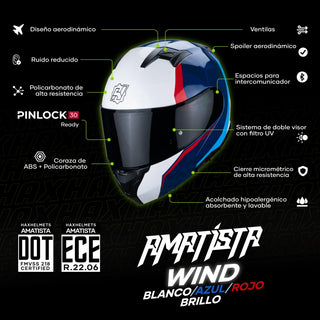 Casco Abatible Amatista Wind Blanco Azul y Rojo Acabado Brillo - Casco Para Moto