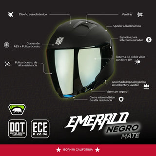 Casco Abierto Emerald 3/4 Negro Acabado Matte - Casco Para Moto