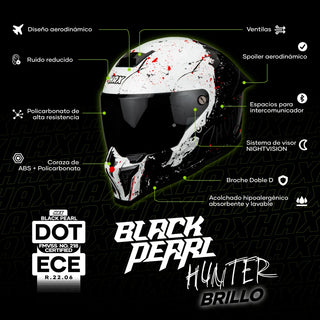 HAX Black Pearl Hunter helmet features diagram showing aerodynamic design, real ventilation points, high-resistance polycarbonate, ABS shell, intercom spaces, NightVision visor system, Double-D buckle and hypoallergenic washable padding