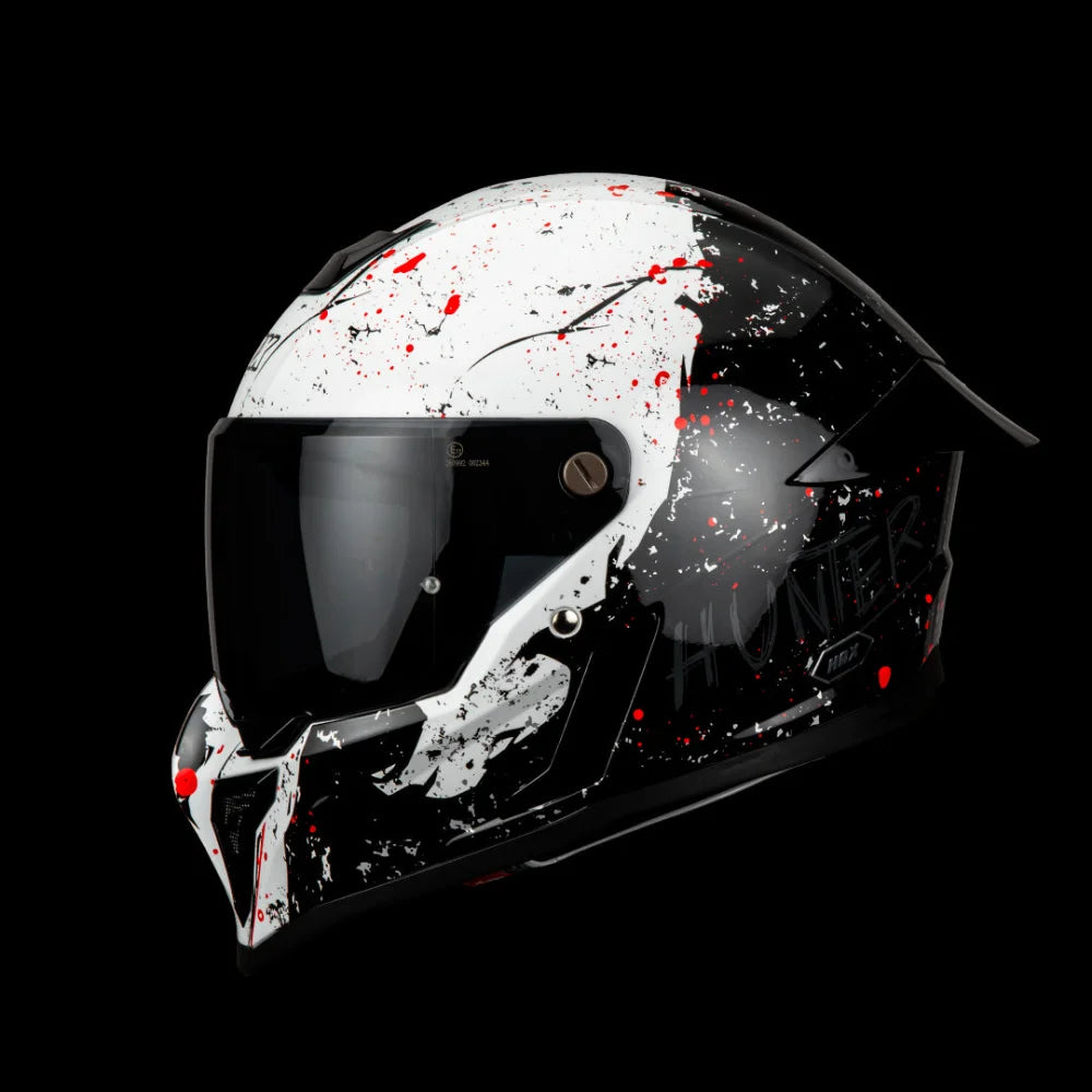 side-view-of-hax-black-pearl-hunter-full-face-helmet-with-white-black-and-red-splatter-graphic