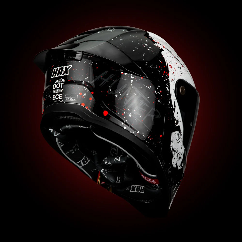 rear angle view of the HAX Black Pearl Hunter helmet showing DOT and ECE certifications