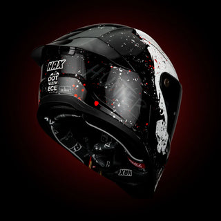 rear angle view of the HAX Black Pearl Hunter helmet showing DOT and ECE certifications