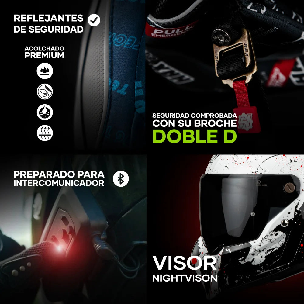 feature grid showing HAX Black Pearl Hunter helmet details including padding, double-D buckle, intercom compatibility and nightvision visor