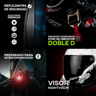 feature grid showing HAX Black Pearl Hunter helmet details including padding, double-D buckle, intercom compatibility and nightvision visor
