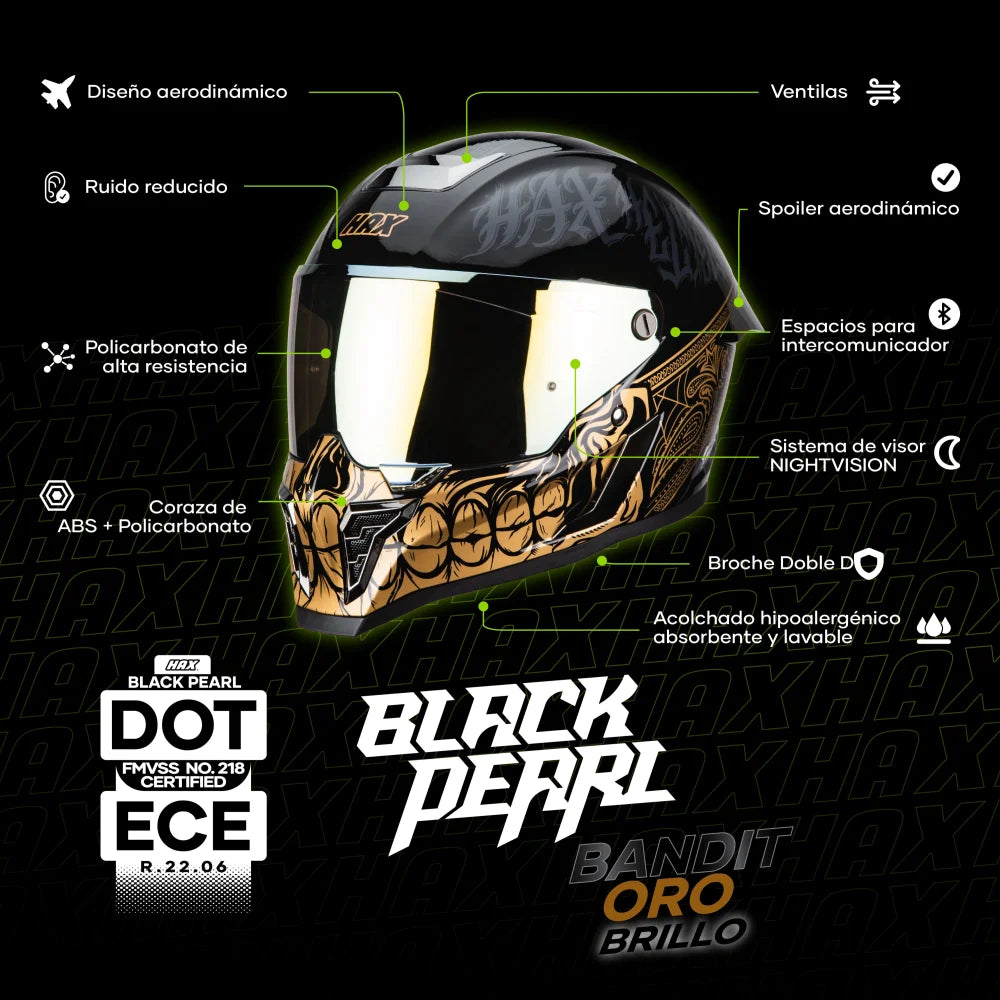Casco Integral Black Pearl Bandit Negro Dorado Brillo Dot Ece – Cascos Hax