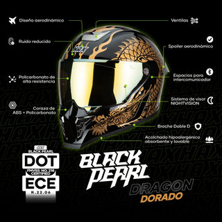 Casco Integral Black Pearl Dragon Dorado Acabado Brillo - Casco Para Moto