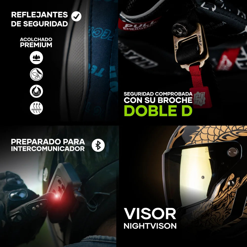 Casco Integral Black Pearl Dragon Dorado Acabado Brillo - Casco Para Moto