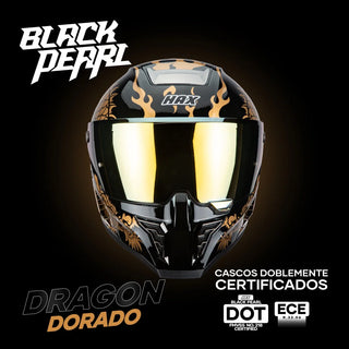 Casco Integral Black Pearl Dragon Dorado Acabado Brillo - Casco Para Moto