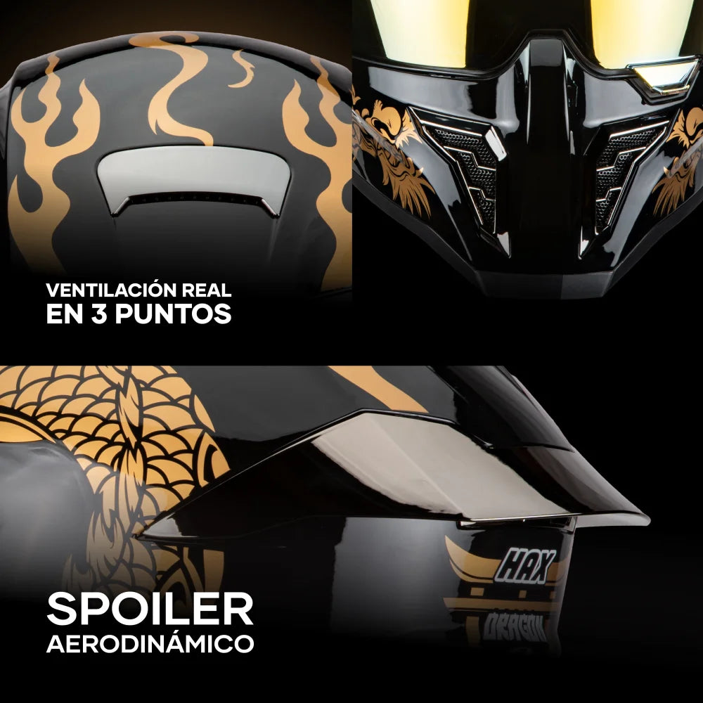 Casco Integral Black Pearl Dragon Dorado Acabado Brillo - Casco Para Moto