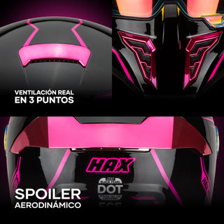 close-up details of the HAX Black Pearl Pink helmet showing the 3-point ventilation system and aerodynamic spoiler in bright pink accents
