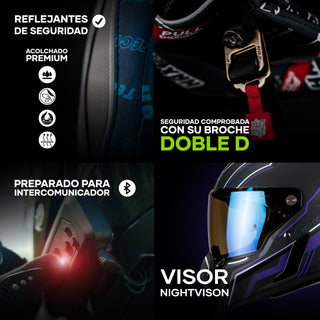 close-up feature collage of the HAX Black Pearl Black Panther helmet showing reflective safety panels, premium padding, Double-D buckle, intercom readiness and NightVision visor system
