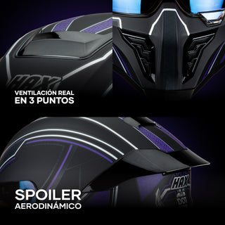 close-up details of the HAX Black Pearl Black Panther helmet showing the 3-point ventilation system and aerodynamic spoiler
