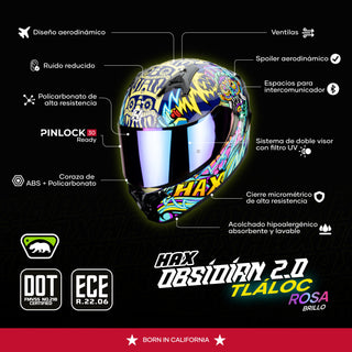 Casco Integral Hax Obsidian Tlaloc Azul Rosa Brillante - Casco Para Moto