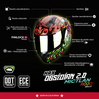 Casco Integral Obsidian Mictlán Rojo Verde Acabado Brillante - Casco Para Moto