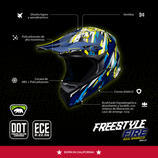 Casco Off-Road Freestyle Fire Azul/Amarillo Acabado Brillante - Casco Para Moto