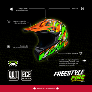 Casco Off-Road Freestyle Fire Verde/Naranja Acabado Brillante - Casco Para Moto