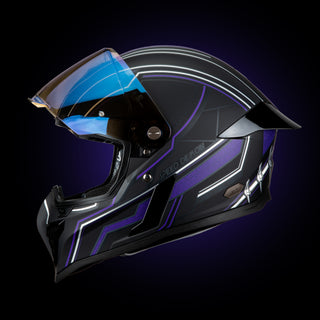 side view of the HAX Black Pearl Black Panther helmet with the visor open, showing purple graphic details and aerodynamic spoiler
