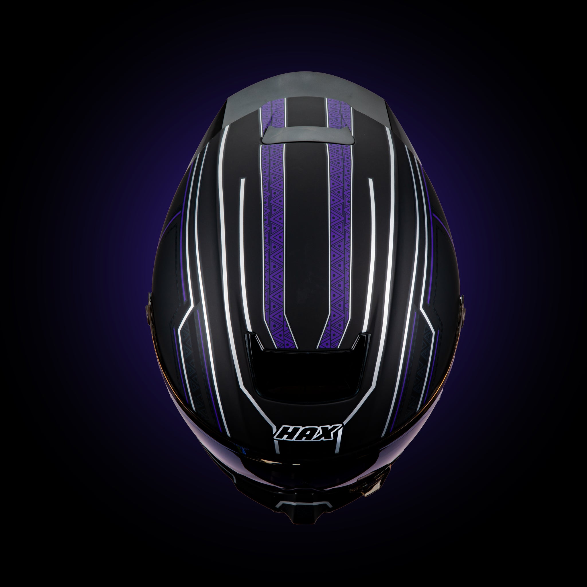 top view of the HAX Black Pearl Black Panther helmet showing upper ventilation system and purple graphic lines
