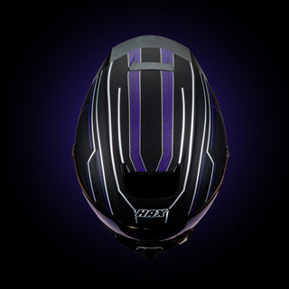 top view of the HAX Black Pearl Black Panther helmet showing upper ventilation system and purple graphic lines

