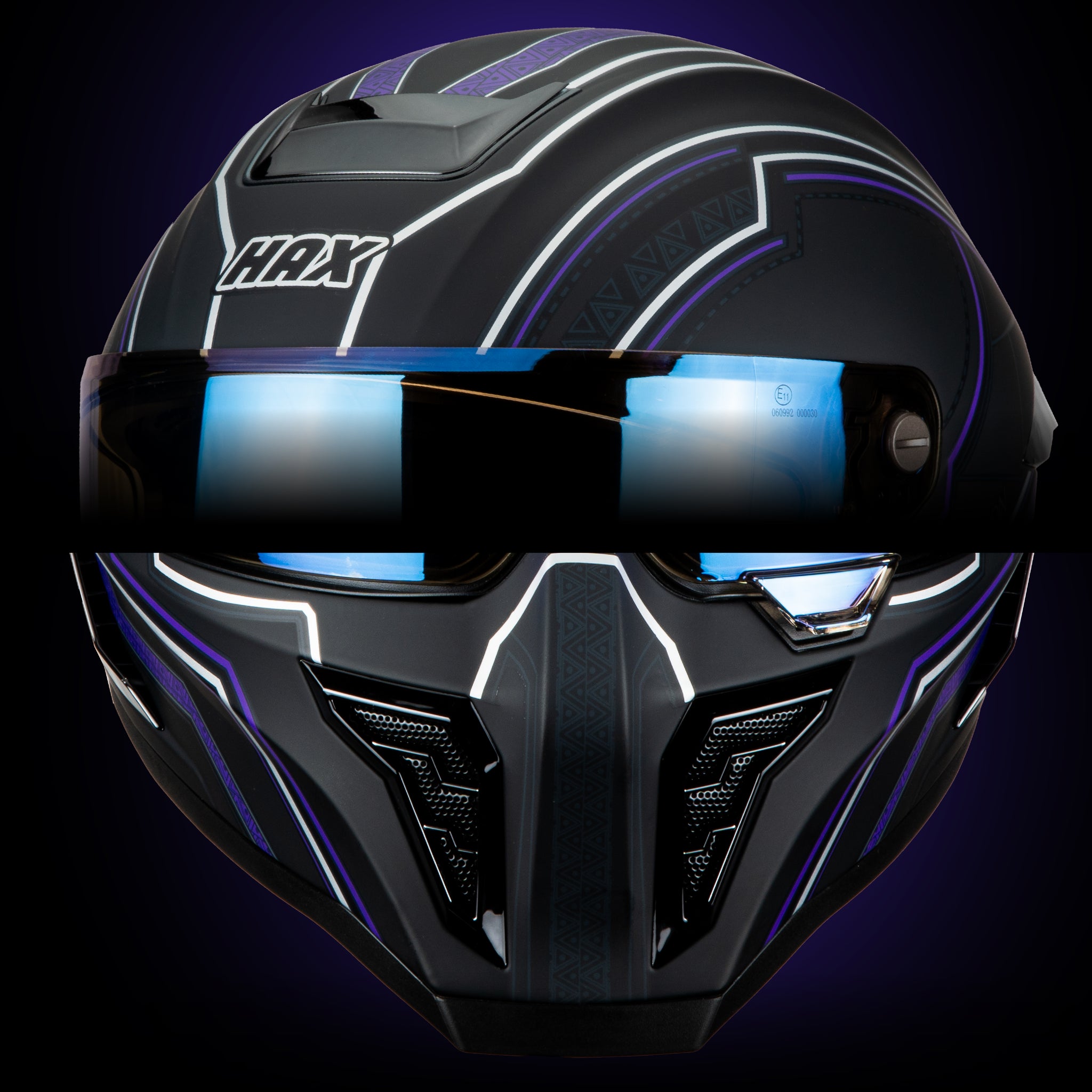 close-up details of the HAX Black Pearl Black Panther helmet showing front ventilation intakes and upper air channels
