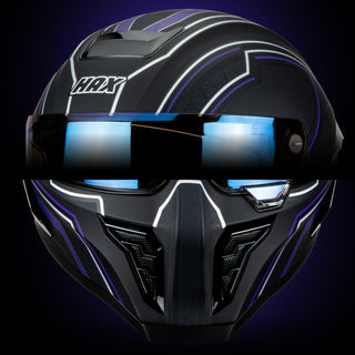 close-up details of the HAX Black Pearl Black Panther helmet showing front ventilation intakes and upper air channels
