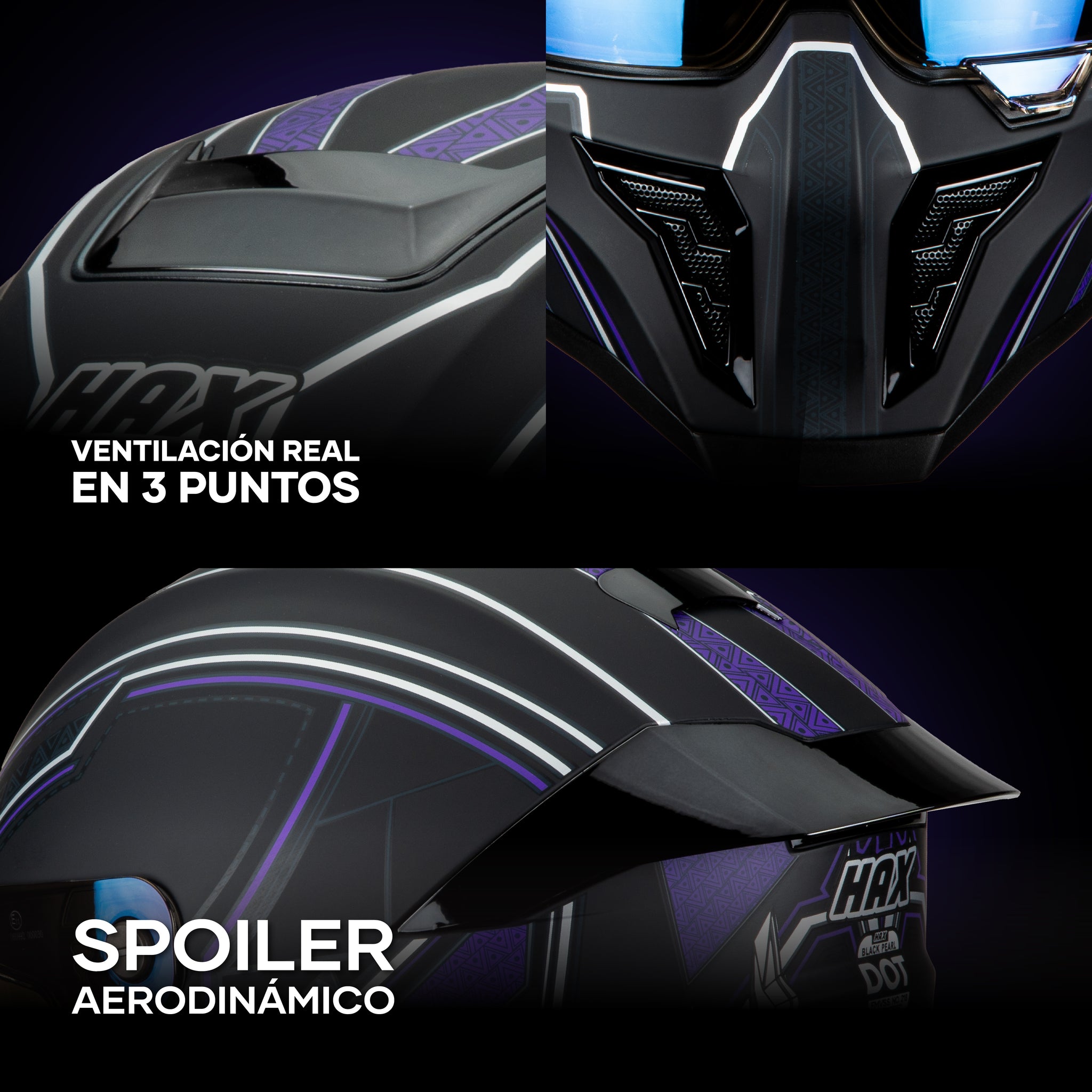close-up details of the HAX Black Pearl Black Panther helmet showing the 3-point ventilation system and aerodynamic spoiler
