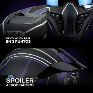 close-up details of the HAX Black Pearl Black Panther helmet showing the 3-point ventilation system and aerodynamic spoiler
