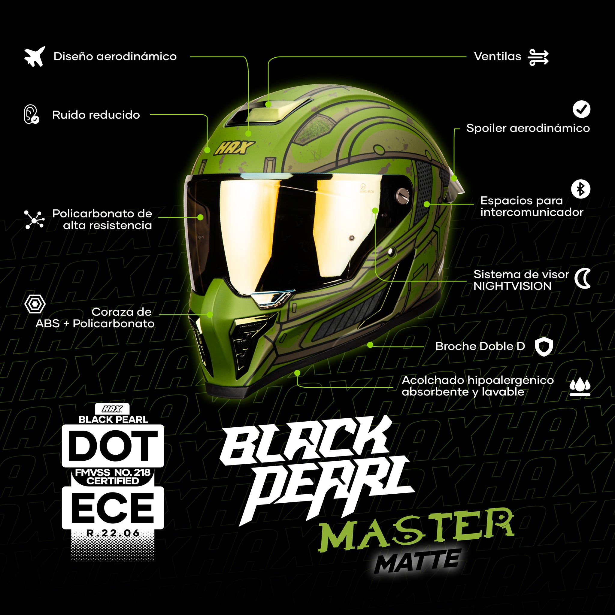 technical-highlight-image-of-hax-black-pearl-master-matte-full-face-helmet-with-dot-ece-certification-and-key-features