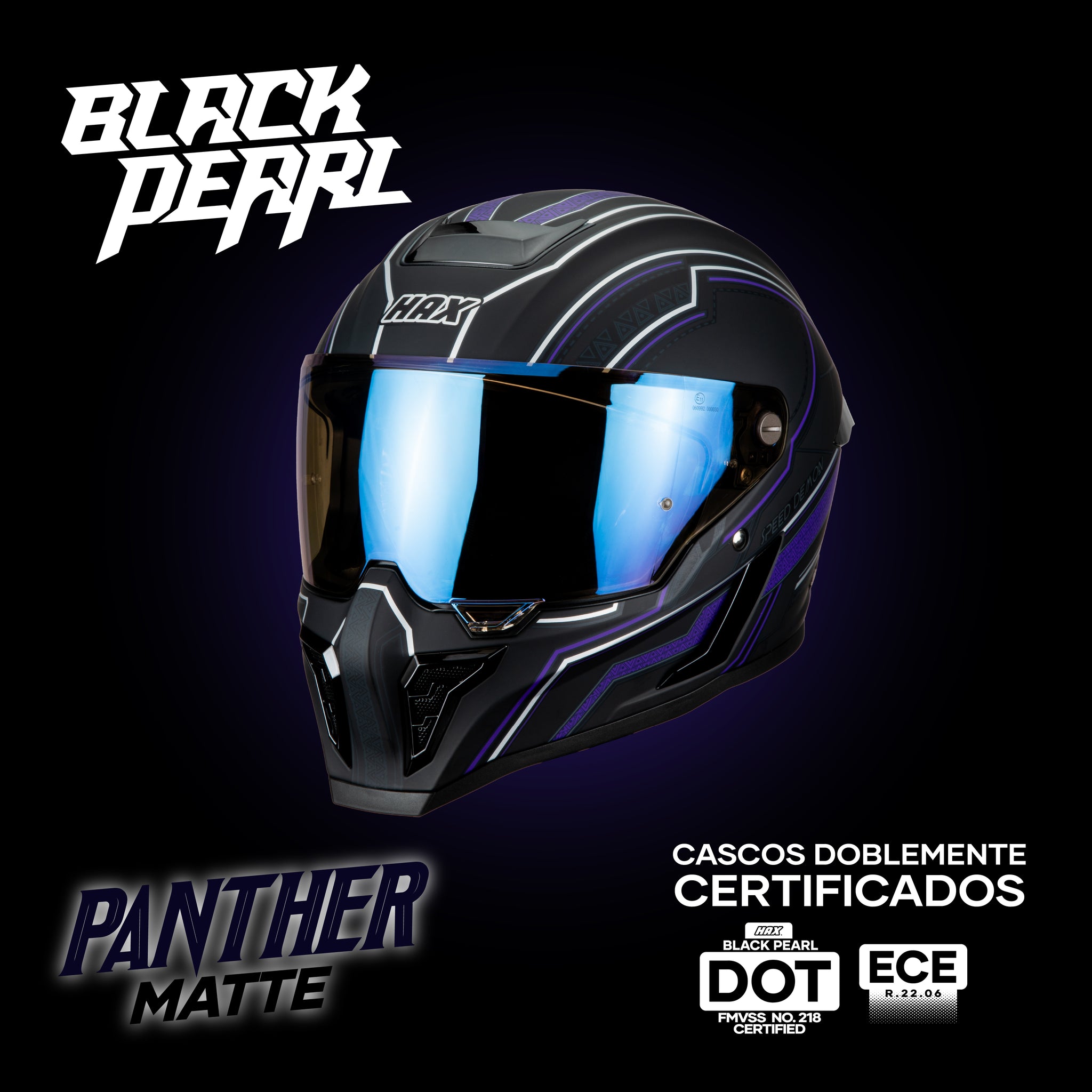front angled view of the HAX Black Pearl Panther Matte helmet showcasing its purple accents, matte finish, NightVision visor and DOT/ECE double certification
