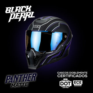 front angled view of the HAX Black Pearl Panther Matte helmet showcasing its purple accents, matte finish, NightVision visor and DOT/ECE double certification

