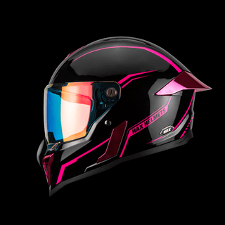 hax black pearl full-face motorcycle helmet in black with pink accents and mirrored visor on studio background