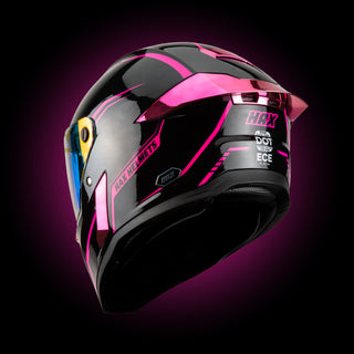 rear three-quarter view of the HAX Black Pearl Pink helmet showing aerodynamic spoiler and pink graphic accents
