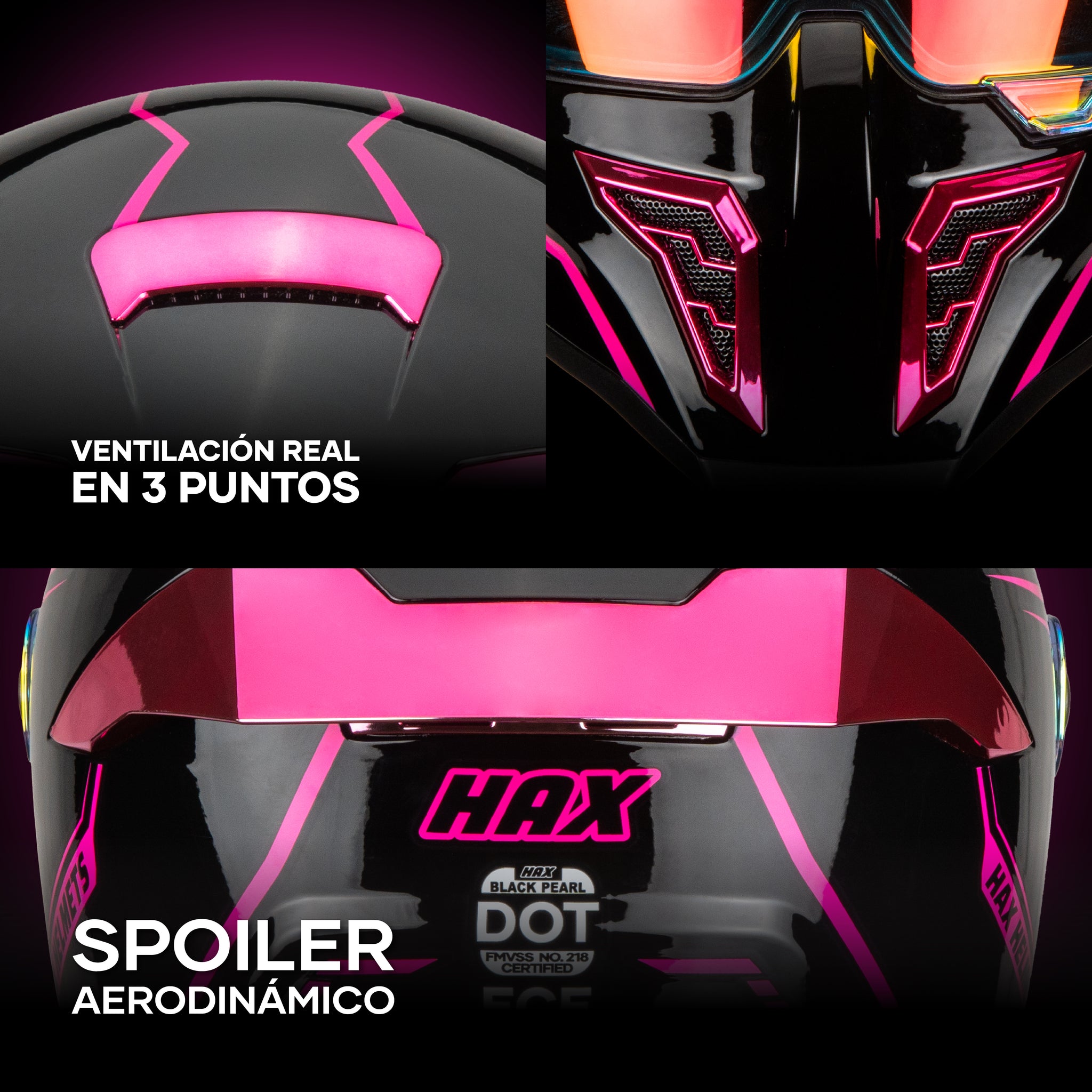 close-up details of the HAX Black Pearl Pink helmet showing the 3-point ventilation system and aerodynamic spoiler in bright pink accents
