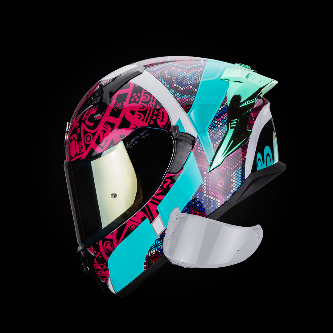 Casco Integral Obsidian 2.0 Huichol Aqua Morado Acabado Brillo